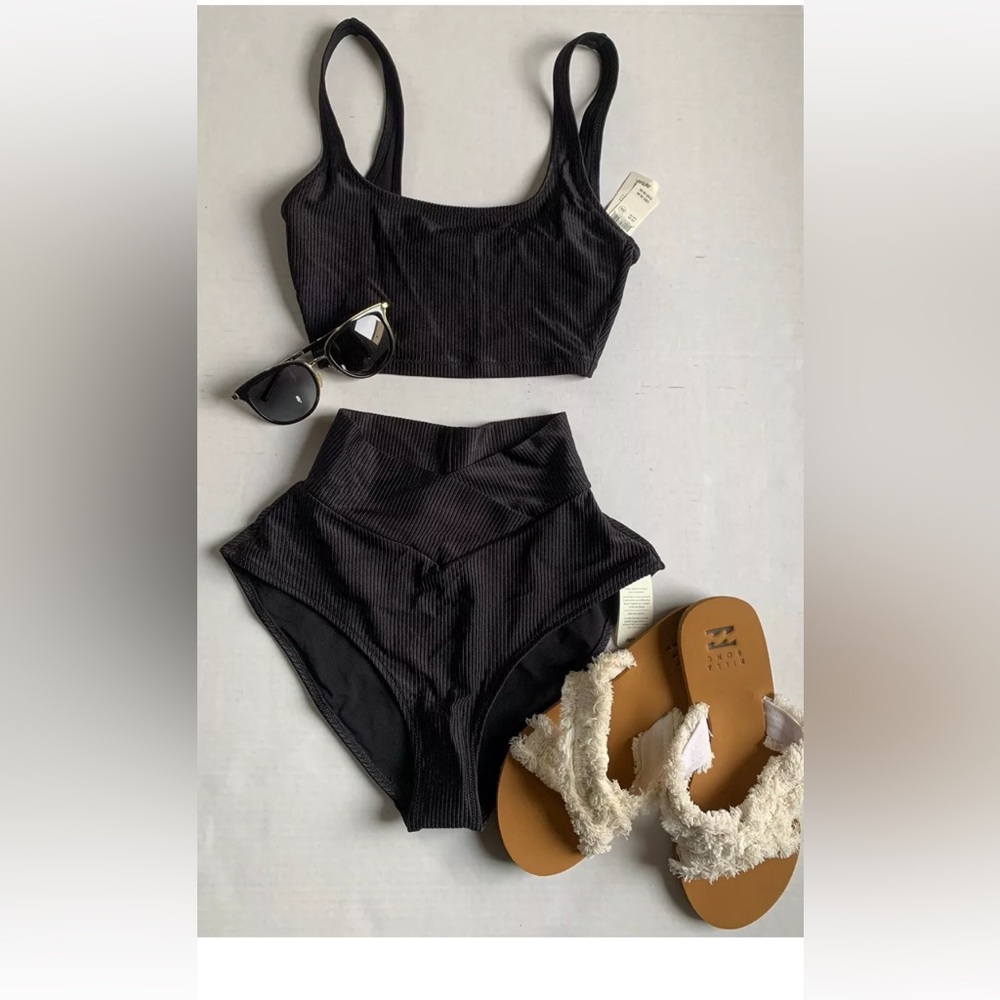 Aerie XS Black Scoop Textured Bikini Top & Crossover High Waisted Bikini Bottom